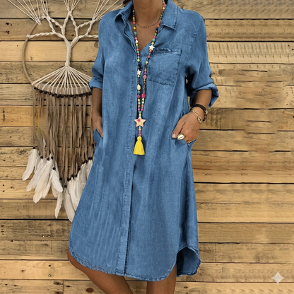 Western Boho Denim Shirt Dress for Women Chic Oversized Jean Tunic, Button-Up Summer Beach Dress with Side Pockets