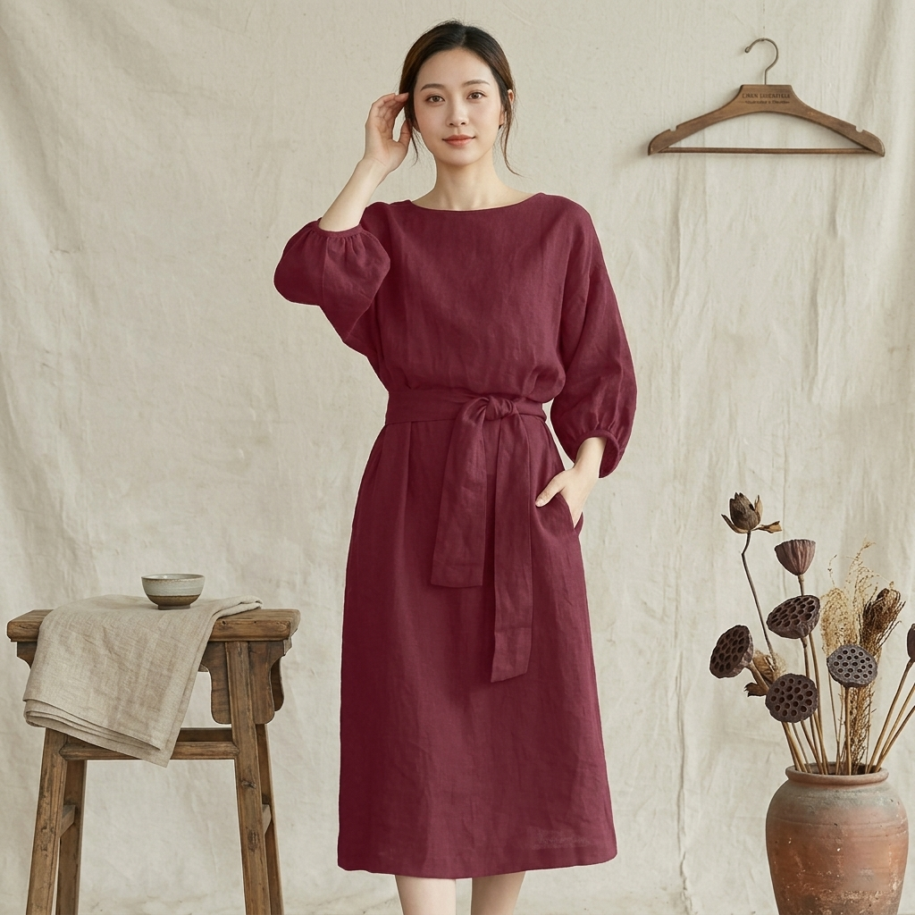 Minimalist Linen Midi Dress with Lantern Sleeves – Boho Chic Tie-Waist Long Dress, Elegant Solid Color Japanese Vintage Style Vestidos