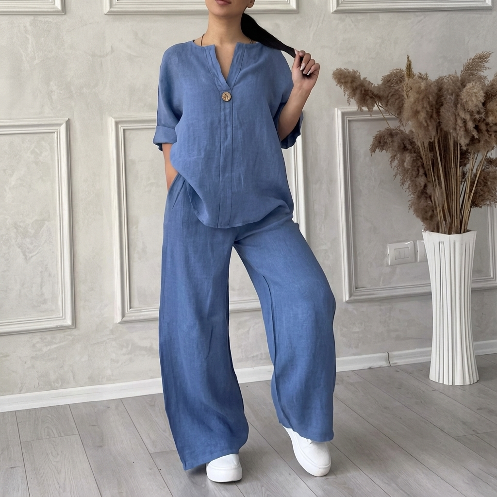 Ensembles deux pièces en mélange de lin pour femme – Haut surdimensionné à col en V et bouton unique, et pantalon à jambes larges, ensemble décontracté d'été pour la détente