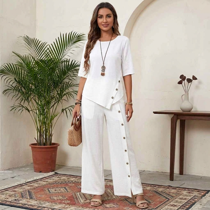 Ensembles deux pièces en mélange de lin pour femmes – Haut asymétrique à manches courtes et pantalon large à fentes latérales boutonnées, ensemble décontracté de vacances d'été