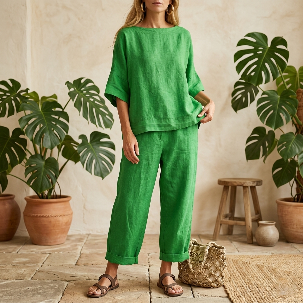 Ensembles deux pièces en lin pour femmes – Haut tunique à col bateau et manches courtes et pantalon large court, ensemble coordonné décontracté pour l'été et les vacances