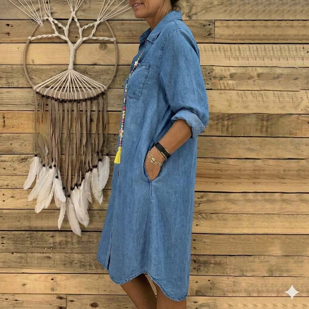 Western Boho Denim Shirt Dress for Women Chic Oversized Jean Tunic, Button-Up Summer Beach Dress with Side Pockets