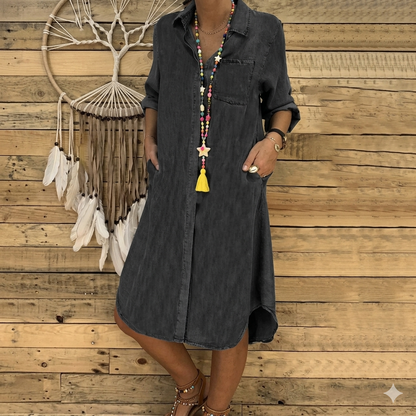 Western Boho Denim Shirt Dress for Women Chic Oversized Jean Tunic, Button-Up Summer Beach Dress with Side Pockets