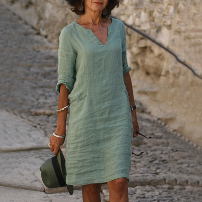Minimalist White Linen Dress for Women – Elegant V-Neck Resort Wear, Breezy Summer Beach Dress, Sustainable Chic Sundress
