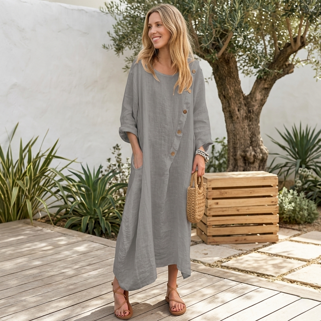 Women's Casual Linen Maxi Dress – Asymmetric Diagonal Button Down Kaftan, Oversized Loose Fit Long Sleeve Tunic Sundress with Pockets