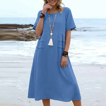 Boho Chic Blue Summer Dress for Women – Elegant Round Neck Tiered Tunic Dress, Breezy Minimalist Resort Wear Midi Gown