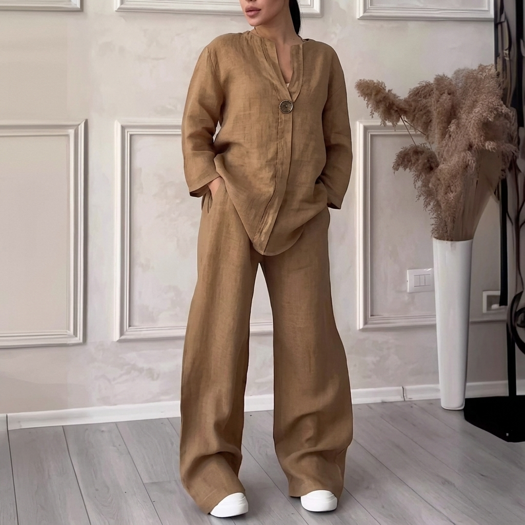 Ensembles deux pièces en mélange de lin pour femme – Haut surdimensionné à col en V et bouton unique, et pantalon à jambes larges, ensemble décontracté d'été pour la détente