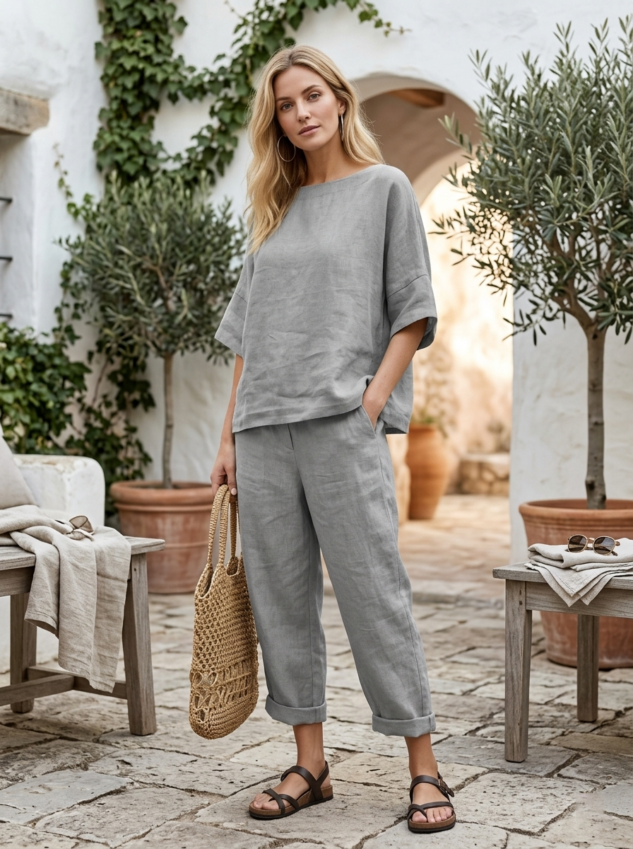 Ensembles deux pièces en lin pour femmes – Haut tunique à col bateau et manches courtes et pantalon large court, ensemble coordonné décontracté pour l'été et les vacances