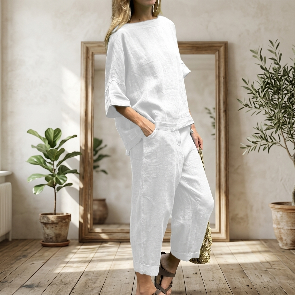 Ensembles deux pièces en lin pour femmes – Haut tunique à col bateau et manches courtes et pantalon large court, ensemble coordonné décontracté pour l'été et les vacances