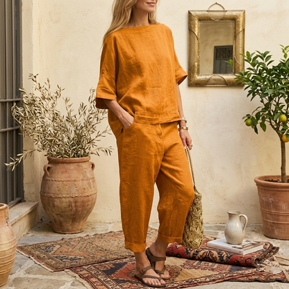 Ensembles deux pièces en lin pour femmes – Haut tunique à col bateau et manches courtes et pantalon large court, ensemble coordonné décontracté pour l'été et les vacances