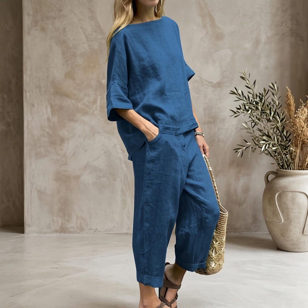 Ensembles deux pièces en lin pour femmes – Haut tunique à col bateau et manches courtes et pantalon large court, ensemble coordonné décontracté pour l'été et les vacances