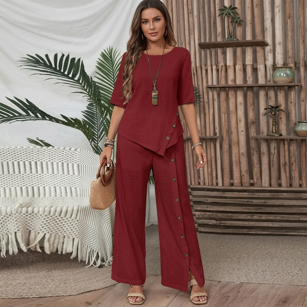 Ensembles deux pièces en mélange de lin pour femmes – Haut asymétrique à manches courtes et pantalon large à fentes latérales boutonnées, ensemble décontracté de vacances d'été