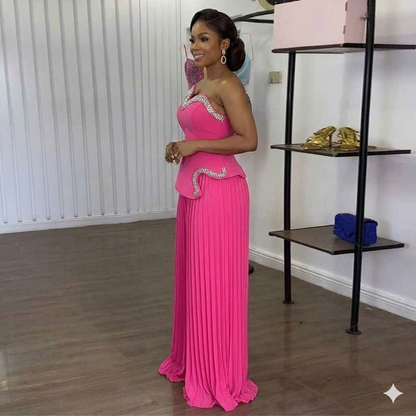 Ensemble deux pièces glamour sans bretelles pour femme – Tunique péplum rose chic et pantalon palazzo plissé fluide, ensemble de soirée sexy