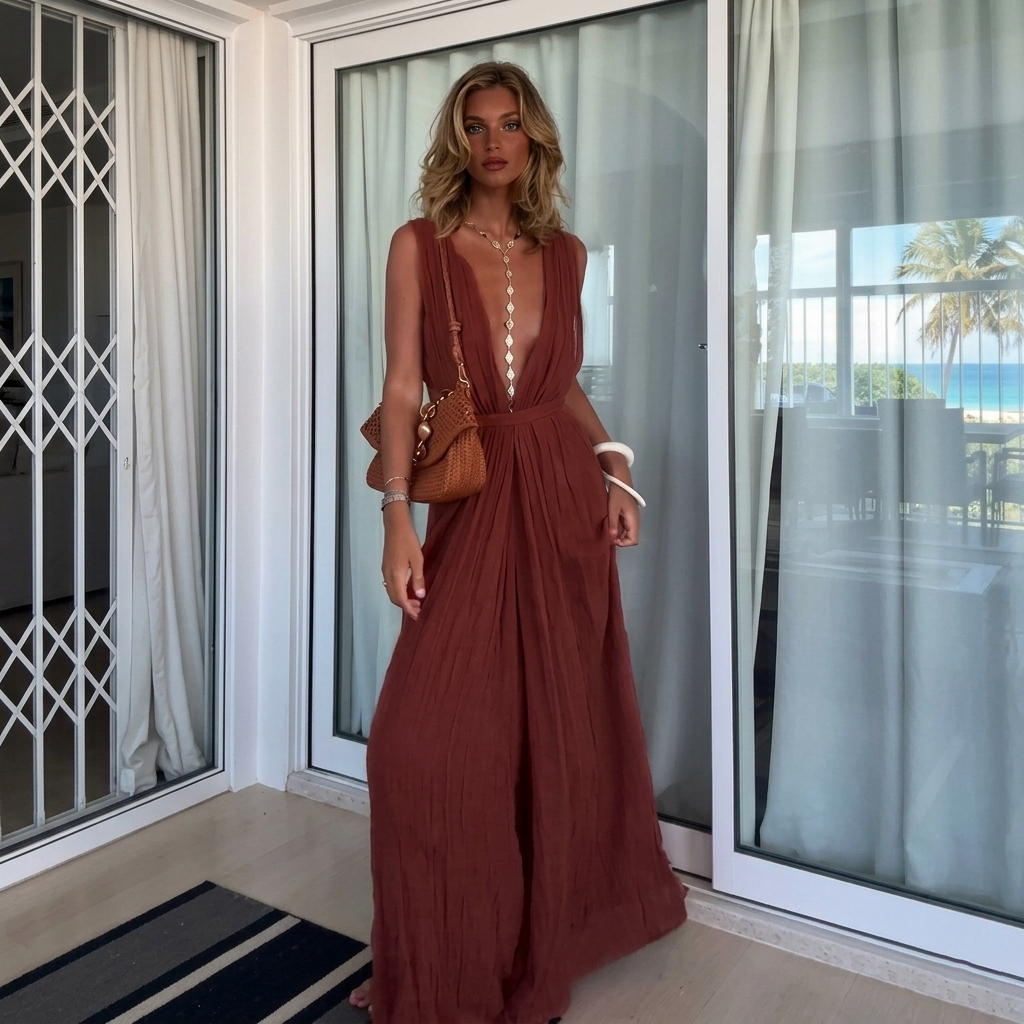 Robe longue plissée sexy pour femme, col en V profond – Robe longue sans manches et dos nu pour l'été, la plage, les soirées élégantes
