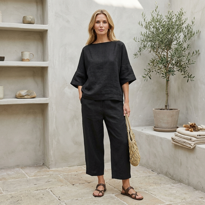 Ensembles deux pièces en lin pour femmes – Haut tunique à col bateau et manches courtes et pantalon large court, ensemble coordonné décontracté pour l'été et les vacances