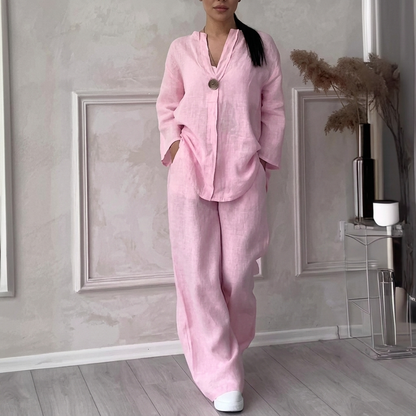 Ensembles deux pièces en mélange de lin pour femme – Haut surdimensionné à col en V et bouton unique, et pantalon à jambes larges, ensemble décontracté d'été pour la détente