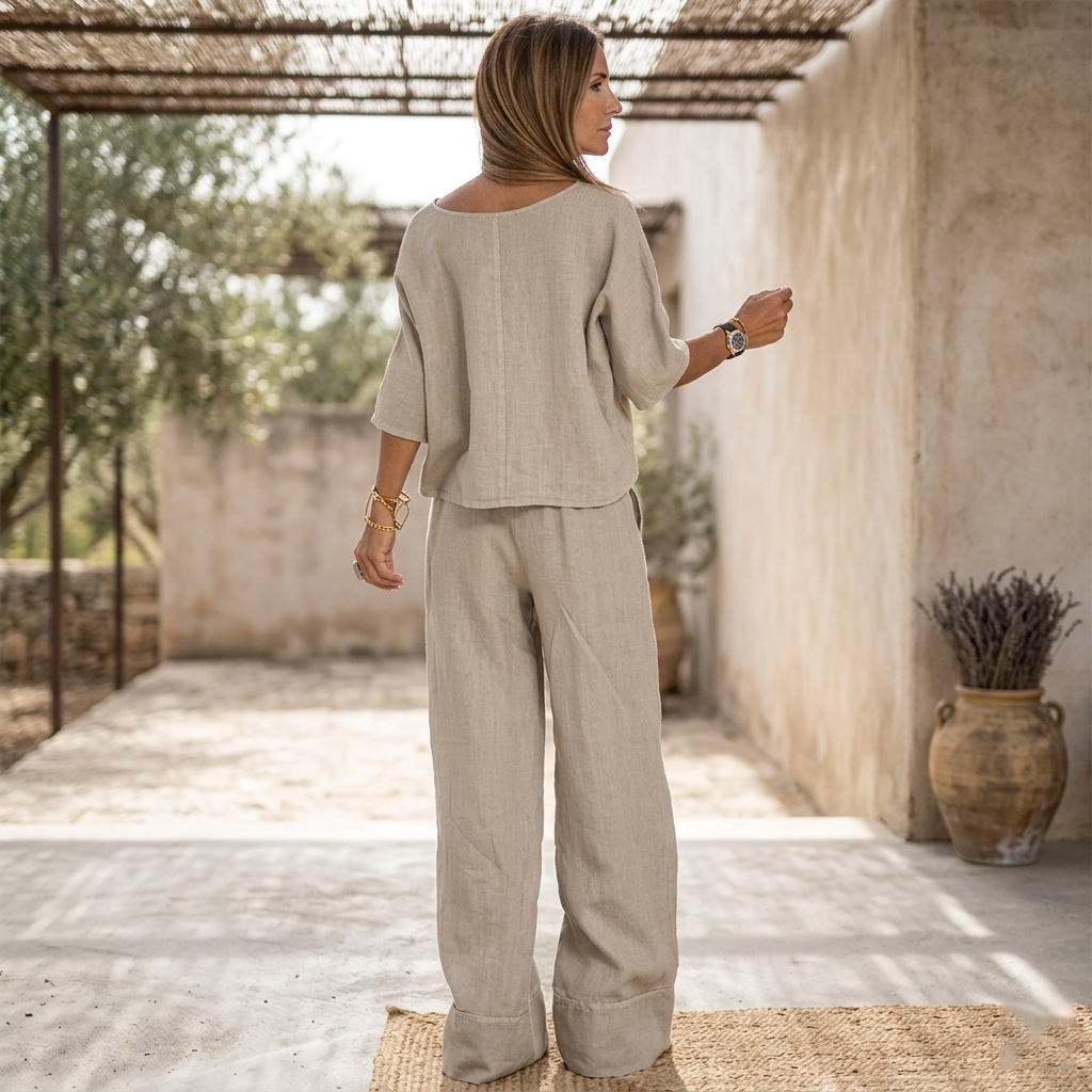 Ensemble deux pièces en mélange de lin pour femme – Haut à manches courtes et col rond et pantalon à jambes très larges, ensemble décontracté de vacances d'été