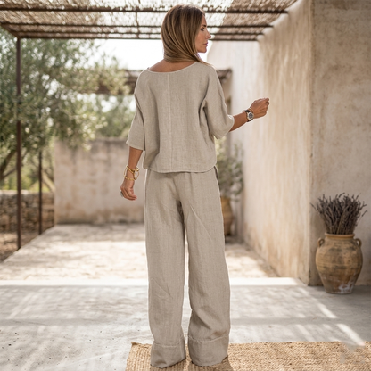 Ensemble deux pièces en mélange de lin pour femme – Haut à manches courtes et col rond et pantalon à jambes très larges, ensemble décontracté de vacances d'été