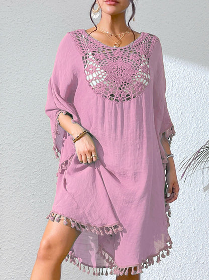 PromiseGift Caftan bohème en crochet et dentelle - Cache-maillot de plage blanc à pompons
