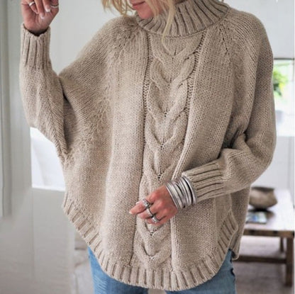 Elegant Cable Knit Mock Neck Poncho Sweater - Batwing Sleeve Slouchy Loose Pullover Plus Size