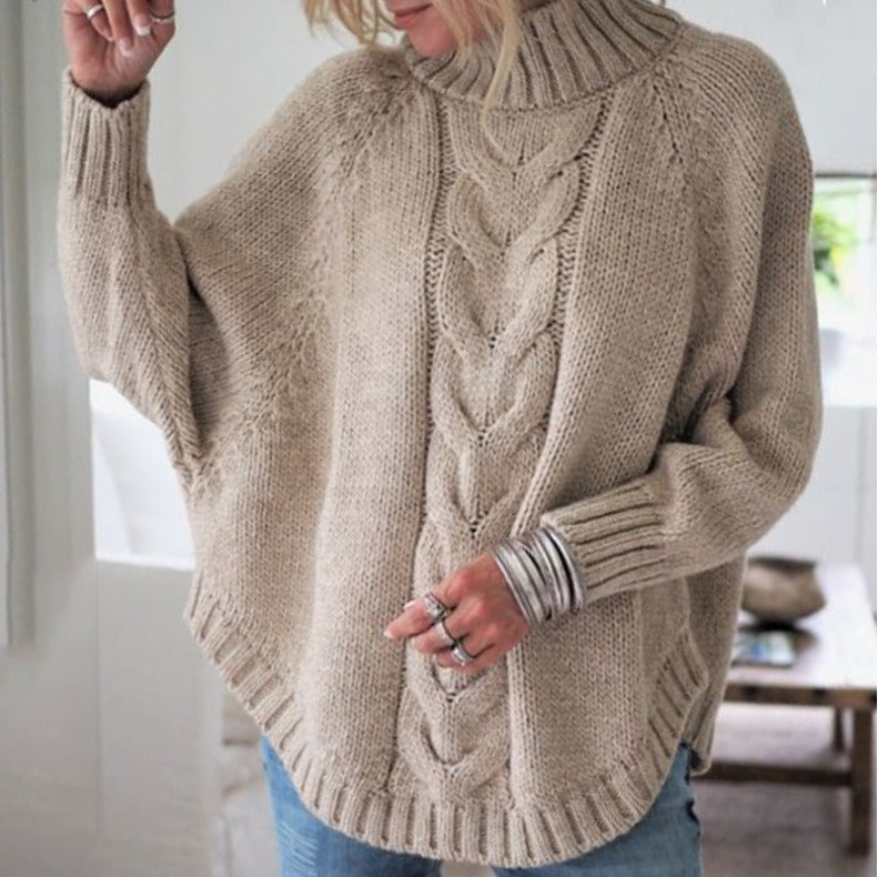 Elegant Cable Knit Mock Neck Poncho Sweater - Batwing Sleeve Slouchy Loose Pullover Plus Size