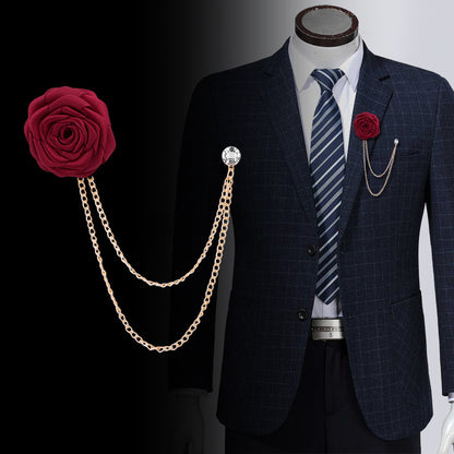 Men's rose double chain tassel lapel pin, rose brooch for groom and best man