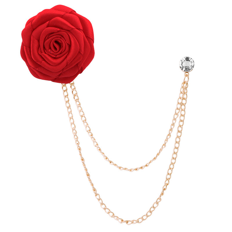 Men's rose double chain tassel lapel pin, rose brooch for groom and best man