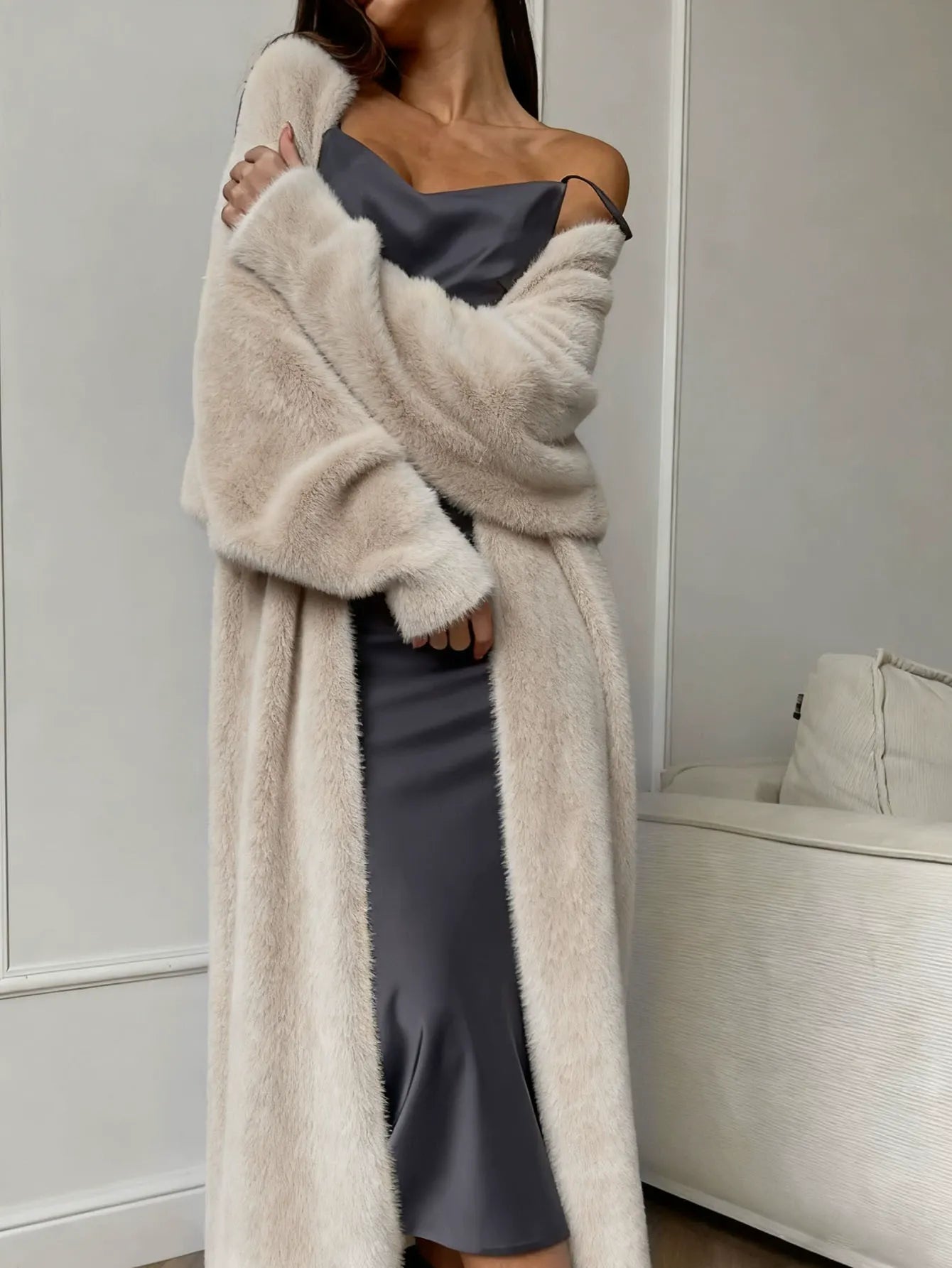Women's Fuzzy Faux Mink Cardigan Coat | Casual Long Sleeve Open Front Plush Long Jacket