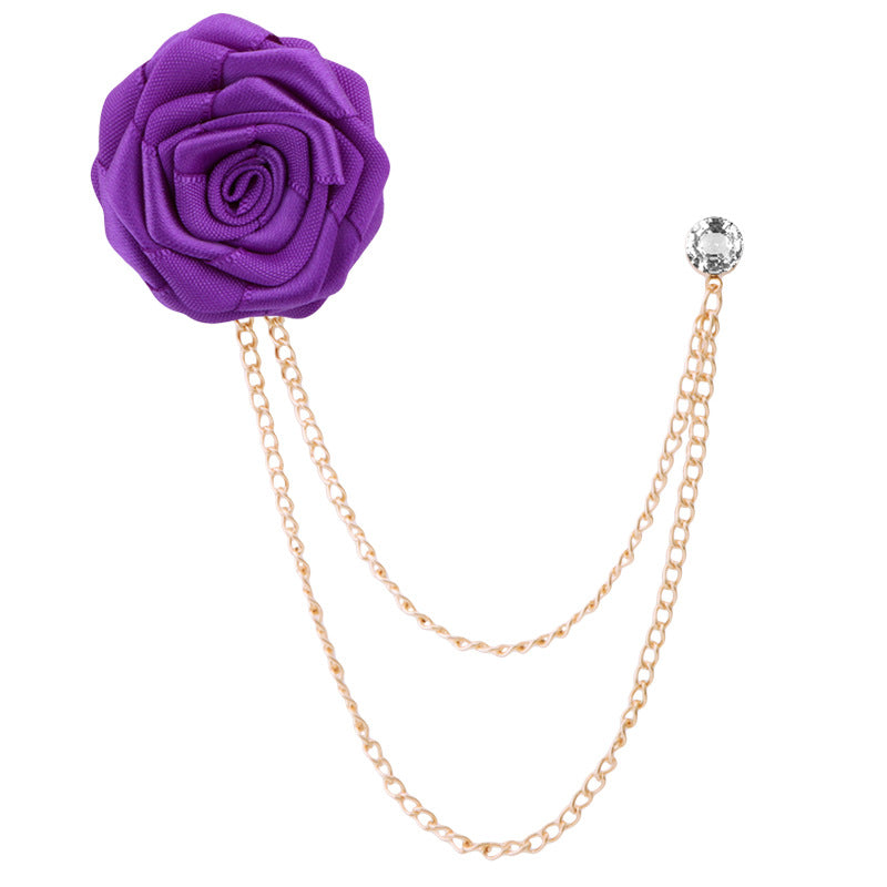 Men's rose double chain tassel lapel pin, rose brooch for groom and best man