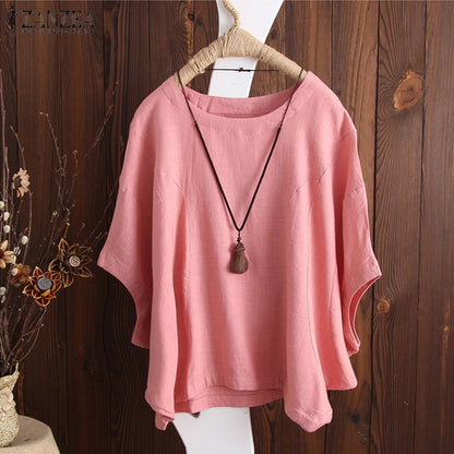 Women's Loose Cotton T-Shirt | Casual Round Neck Short Sleeve Batwing Top