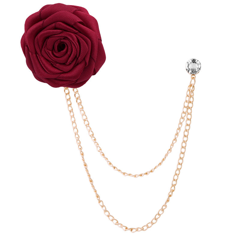 Men's rose double chain tassel lapel pin, rose brooch for groom and best man