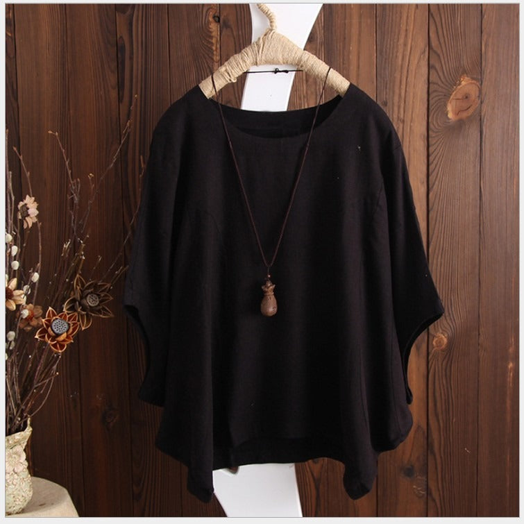 Women's Loose Cotton T-Shirt | Casual Round Neck Short Sleeve Batwing Top