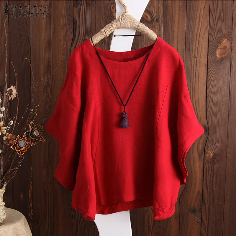 Women's Loose Cotton T-Shirt | Casual Round Neck Short Sleeve Batwing Top