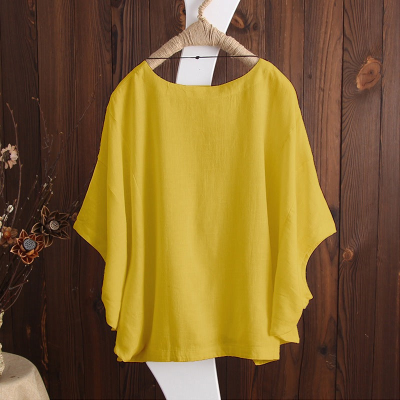Women's Loose Cotton T-Shirt | Casual Round Neck Short Sleeve Batwing Top