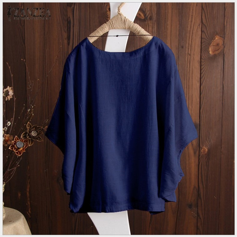 Women's Loose Cotton T-Shirt | Casual Round Neck Short Sleeve Batwing Top