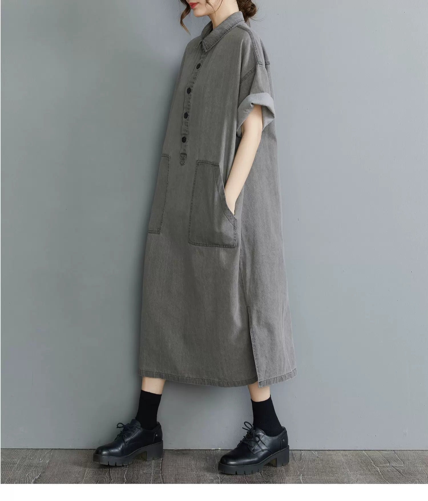 Vintage Oversized Grey Denim Dress for Women - Artsy Button-Down Polo Neck Dress