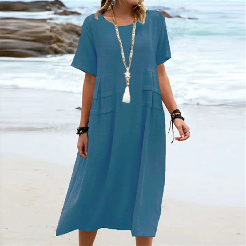 Boho Chic Blue Summer Dress for Women – Elegant Round Neck Tiered Tunic Dress, Breezy Minimalist Resort Wear Midi Gown