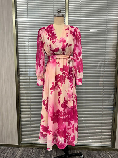 Robe Longue Fleurie Romantique Française | Robe de Soirée Fluide de Luxe à Ceinture pour les Vacances de Printemps