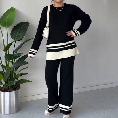 Cozy Stripe Hem 2-Piece Knit Set - Crewneck Long Sleeve Sweater & High-Waist Wide Leg Pants Lounge Set