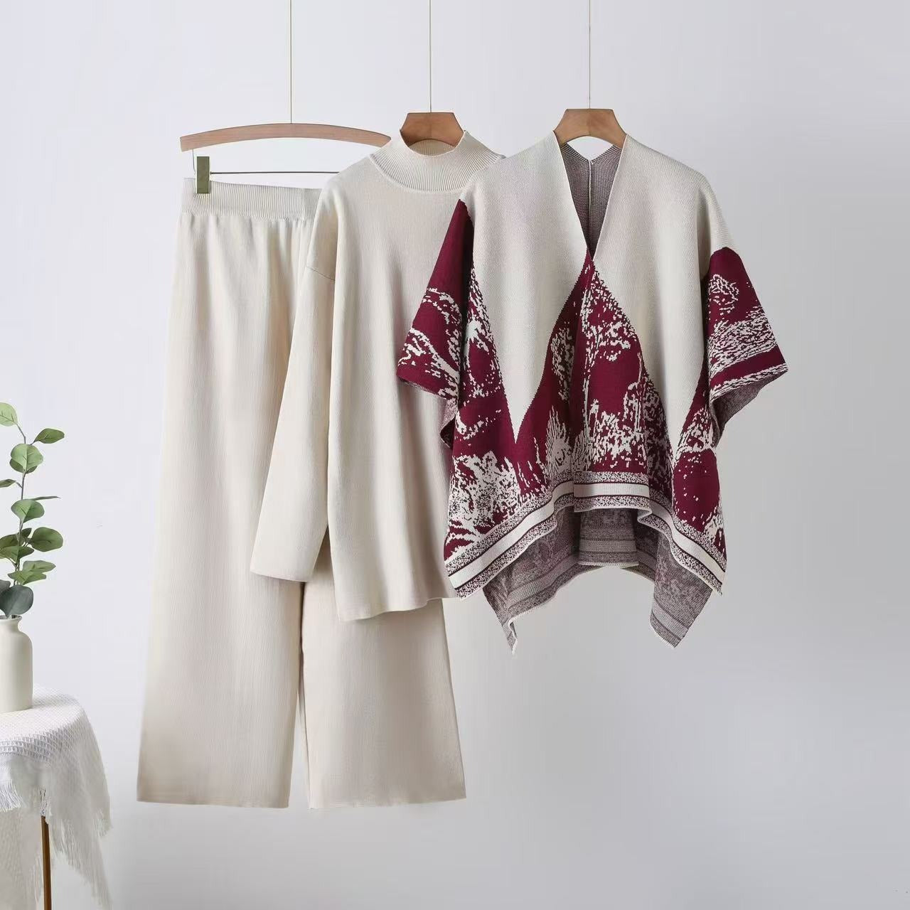 Elegant 3-Piece Knit Lounge Set - Open Front Shawl Poncho, Mock Neck Sweater & Wide Leg Pants