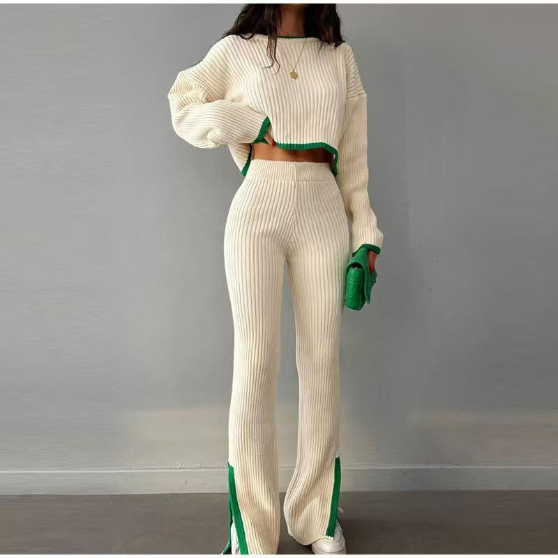 Trendy Ribbed Knit Two-Piece Set - Contrast Trim Long Sleeve Sweater & Flare Pants Lounge Set