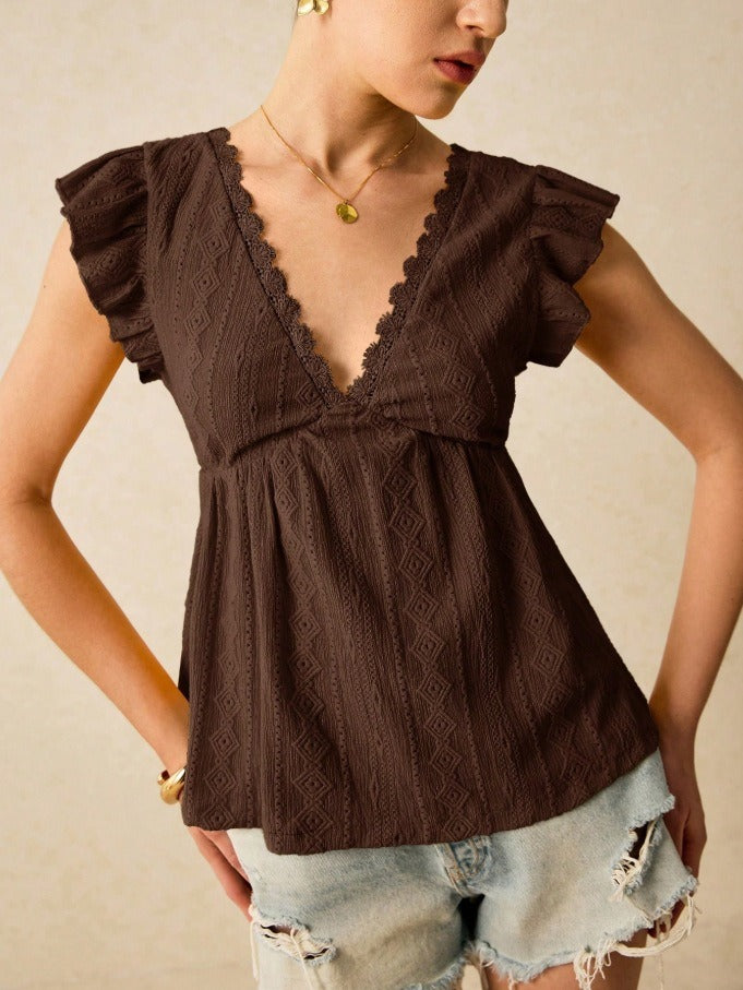 Eyelet Lace V-Neck Ruffle Blouse | Embroidered Short Sleeve Casual Babydoll Shirt Top