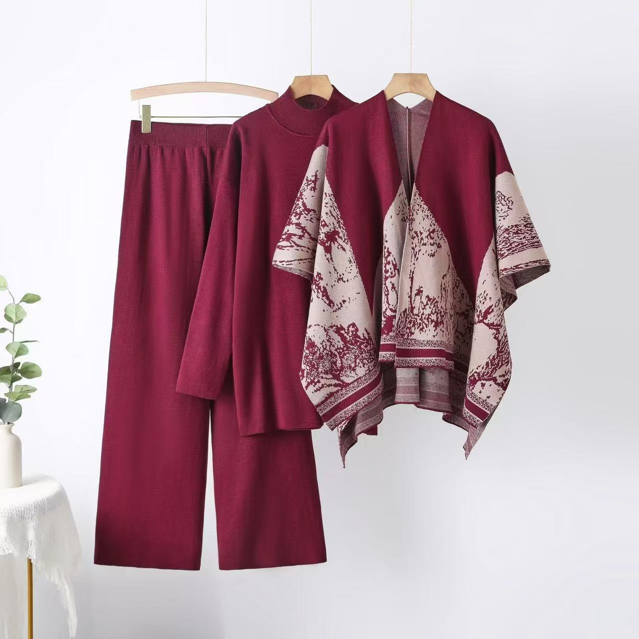 Elegant 3-Piece Knit Lounge Set - Open Front Shawl Poncho, Mock Neck Sweater & Wide Leg Pants