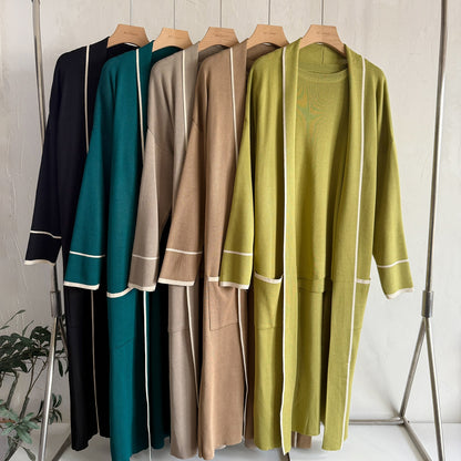 Elegant 3-Piece Knit Lounge Set - Contrast Trim Long Robe Cardigan, Crewneck Tee & Wide Leg Pants