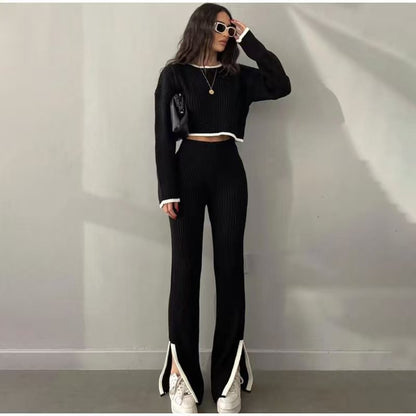Trendy Ribbed Knit Two-Piece Set - Contrast Trim Long Sleeve Sweater & Flare Pants Lounge Set