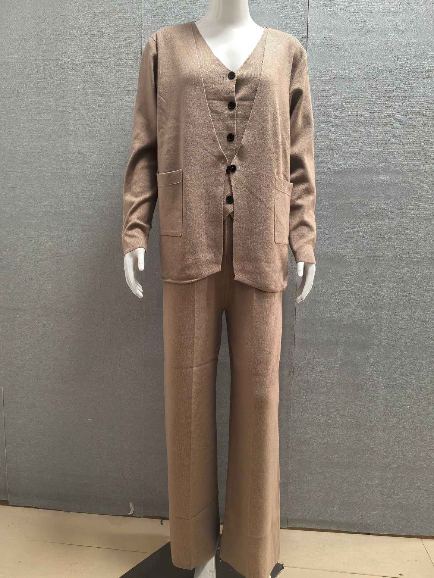Chic 3-Piece Knit Lounge Set - Open Front Cardigan, V-Neck Button Vest & Wide Leg Pants