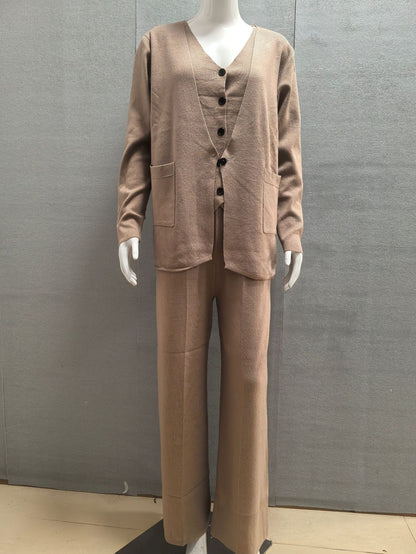 Chic 3-Piece Knit Lounge Set - Open Front Cardigan, V-Neck Button Vest & Wide Leg Pants