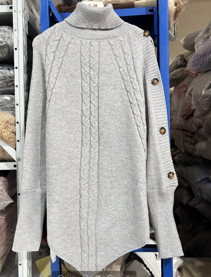 Elegant Cable Knit High Neck Poncho Sweater - Button Detail Batwing Sleeve Loose Pullover