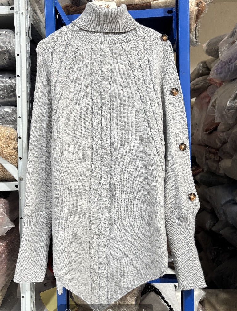 Elegant Cable Knit High Neck Poncho Sweater - Button Detail Batwing Sleeve Loose Pullover