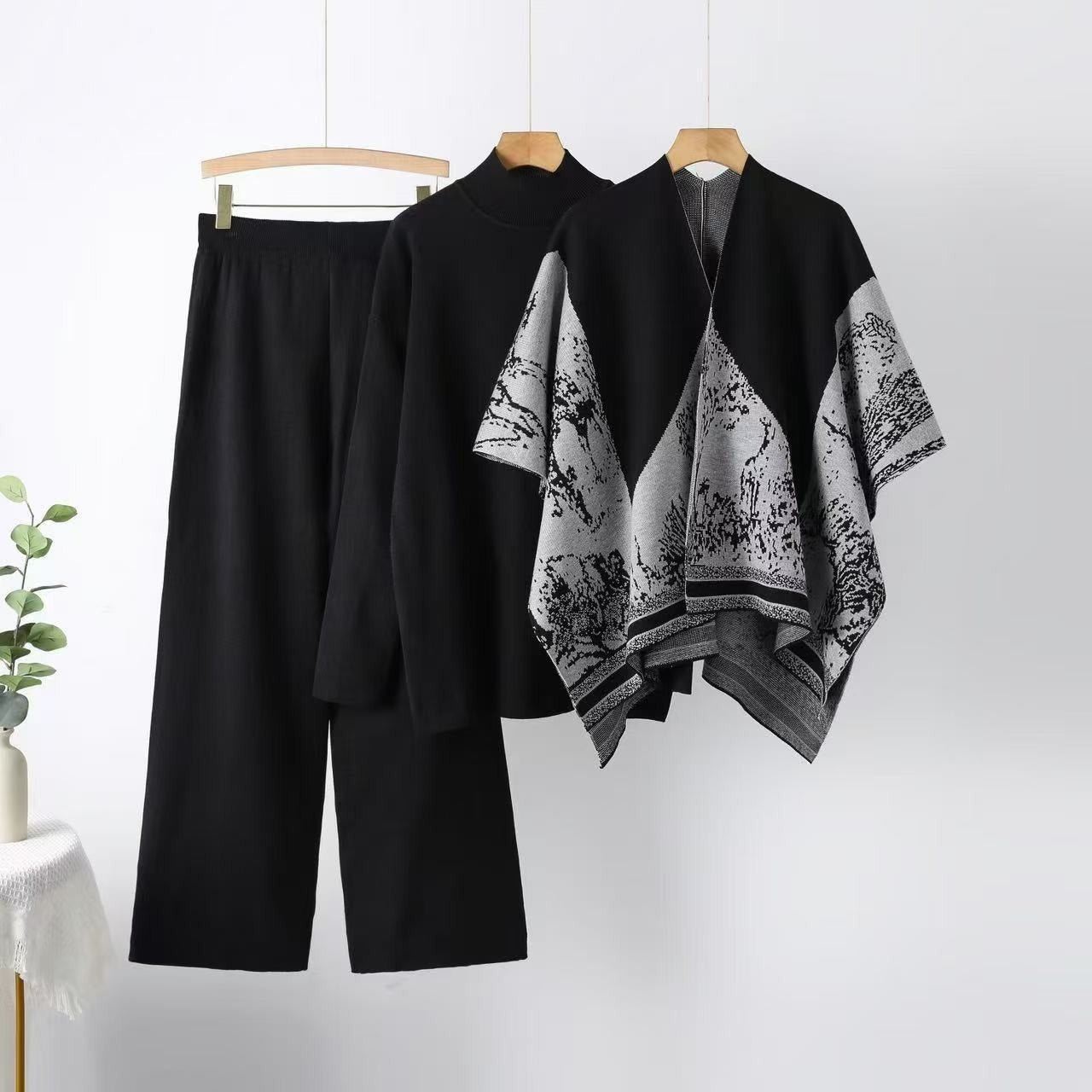 Elegant 3-Piece Knit Lounge Set - Open Front Shawl Poncho, Mock Neck Sweater & Wide Leg Pants